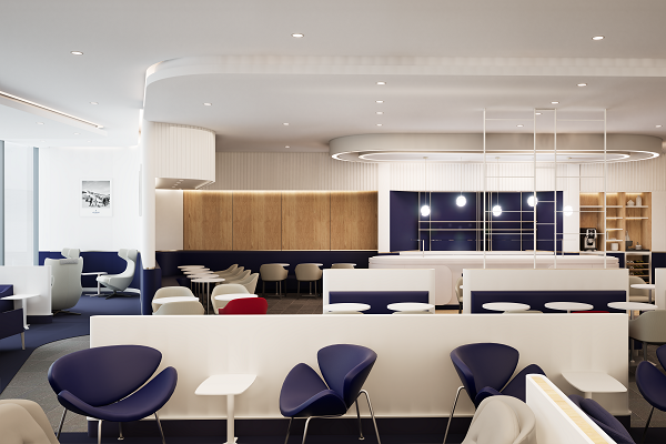 Modernes Lounge-Café mit Sitzgruppen, Bar und Holzvertäfelung
