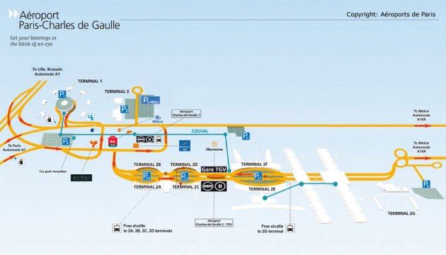 Karte des Flughafens Paris-Charles de Gaulle, Terminals gezeigt.
