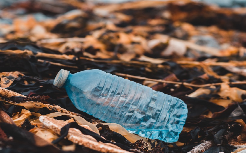Botella de plástico en medio del suelo de lo que parece un bosque. Artículo sobre reducción del uso del plástico.