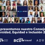Un collage de fotos con fondo azul muestra los rostros de 42 personas con dos secciones de texto: Be you at BCD y Les presentamos nuestro consejo de Diversidad, Equidad e Inclusión 2024.