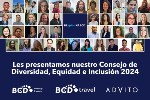 Un collage de fotos con fondo azul muestra los rostros de 42 personas con dos secciones de texto: Be you at BCD y Les presentamos nuestro consejo de Diversidad, Equidad e Inclusión 2024.