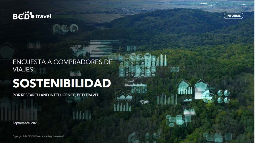 Portada de la encuesta a compradores de viajes sobre sostenibilidad. En la imagen de un bosque, se superponen imágenes digitales de gráficos de análisis y datos.