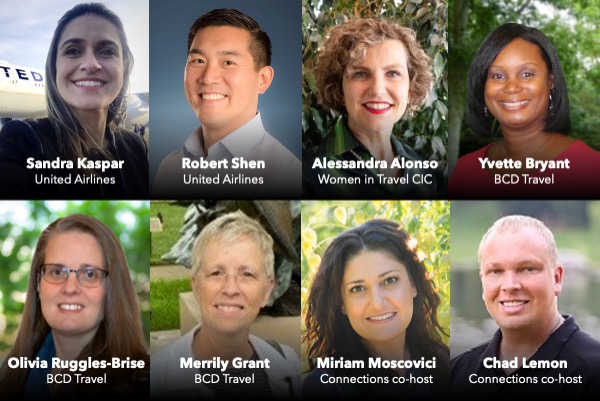 En la imagen se ven los rostros de seis mujeres y dos hombres, empleados de BCD y United Airlineas, con sus nombres y cargos, quienes participan de este podcast.
