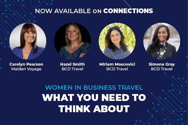 Banner con las fotos de las cuatro participantes en el episodio del podcast y con el título Mujeres en los viajes de negocios: lo que debe saber.