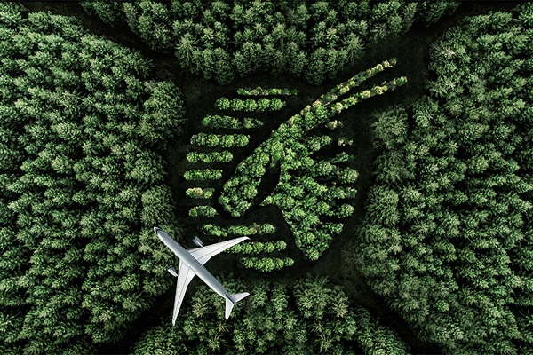 En una imagen de vista cenital se ve un avión blanco sobrevolando un bosque cuyos árboles forman el logo de Qatar Airways.