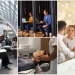 Un collage de 4 imágenes muestra a varios viajeros disfrutando de espacios en salas VIP de diversos aeropuertos (masajes, bebidas, zona wifi).