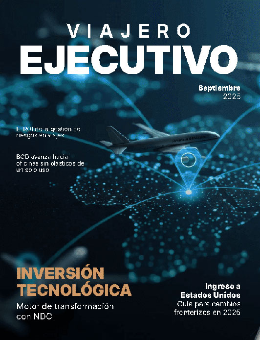Portada revista con avión y mapa digital.