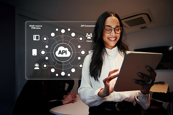 Woman using tablet with API network diagram.