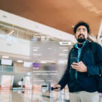 Traveler at airport with flight information display.