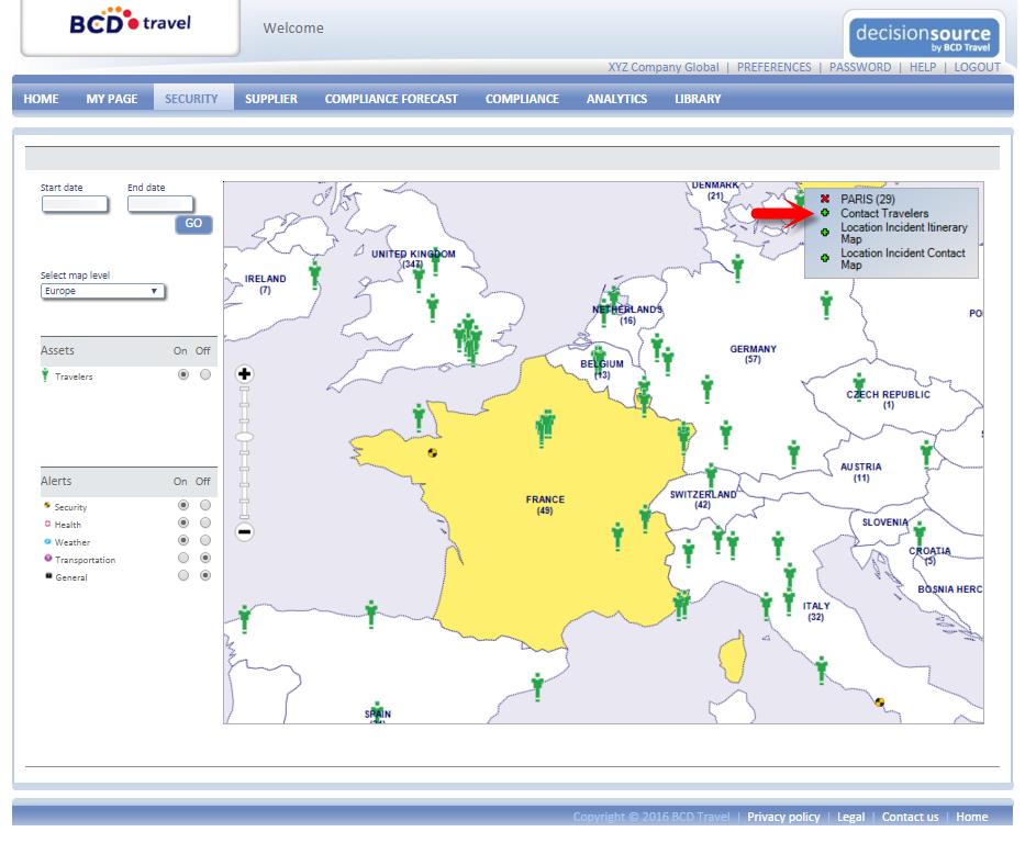 BCD Travel's DecisionSource provides a host of travel risk management tools, including this interactive security map. You can see where your travelers are; assess how risks and disruptions might have an impact on them; and respond accordingly. DecisionSource powers proactive and reactive travel risk management, so your company and your employees can stay ahead of evolving travel risks.