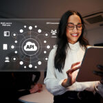 Woman using tablet with API network diagram.