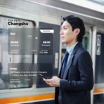 Man at train station with travel itinerary overlay.