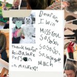 Collage of people, handwritten note, and snowman.