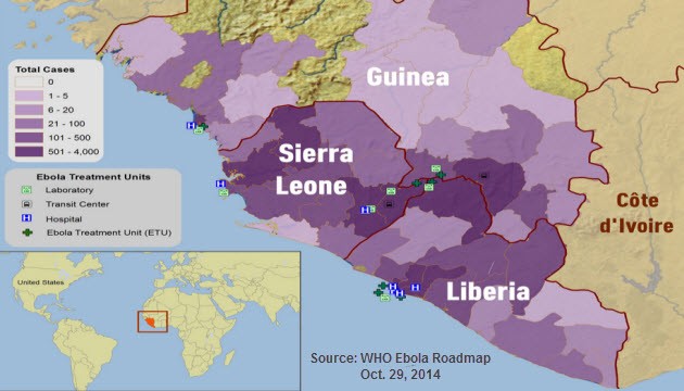 Ebola-uitbraak kaart West-Afrika 2014: gevallen en locaties.
