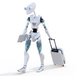 Reizende robot met koffer en tablet