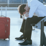 Man zit verslagen naast rode koffer op vliegveld.