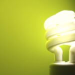 Energiezuinige spiraalvormige lamp op groene achtergrond