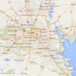 Kaart van Houston en omgeving met wegen en plaatsnamen.