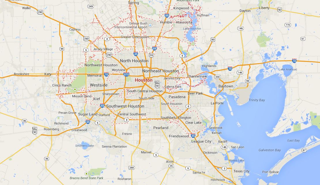 Kaart van Houston en omgeving met wegen en plaatsnamen.