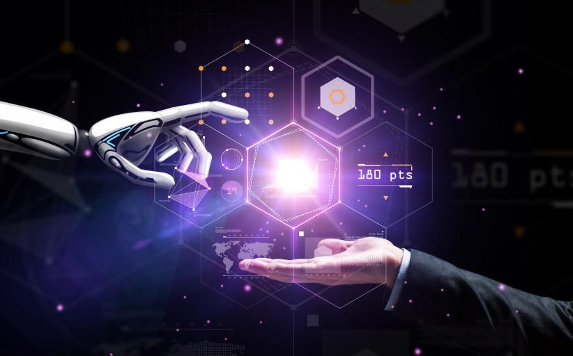 Cybernetica hand technologie toekomstconcept met menselijk hand