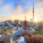 Tokyo skyline met Senso-ji tempel en Skytree bij zonsondergang.