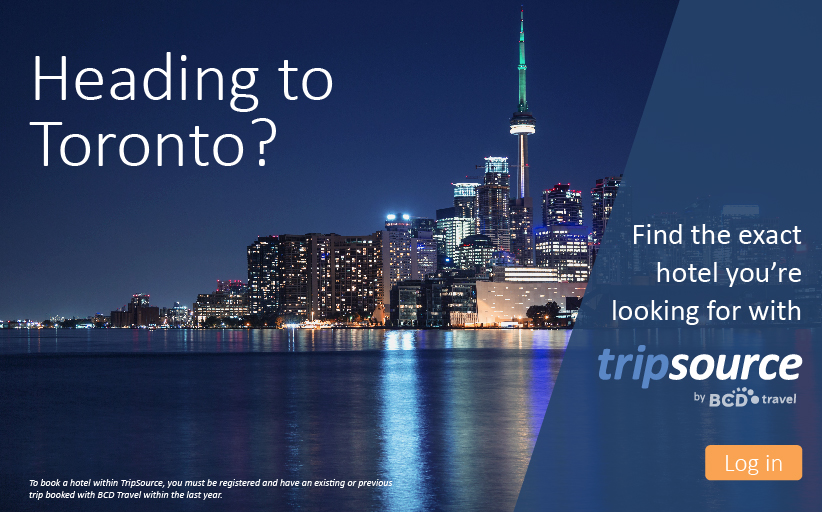 Skyline Toronto nacht, hotelboeking TripSource reisadvertentie.