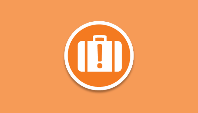 Waarschuwing pictogram met koffer, oranje achtergrond