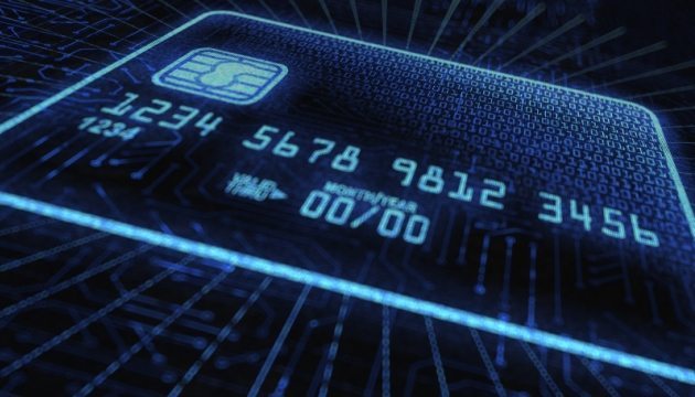 Digitale creditcard met verlichte nummers en chip.