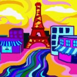 Kleurrijke stad met iconische toren en gebouwen.