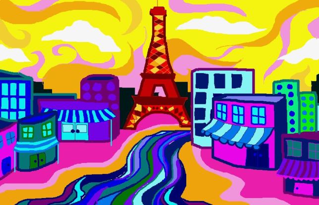 Kleurrijke stad met iconische toren en gebouwen.