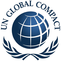 Logotipo azul da UN Global Compact com globo estilizado