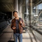Homem no aeroporto com ecrã de horários de viagem.