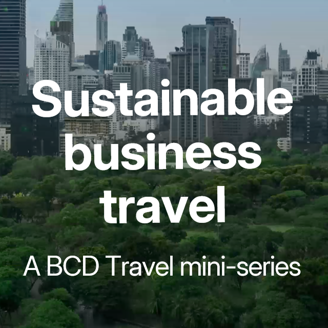 Skyline with sustainable business travel series title