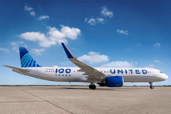 United airplane celebrating 100 years on runway