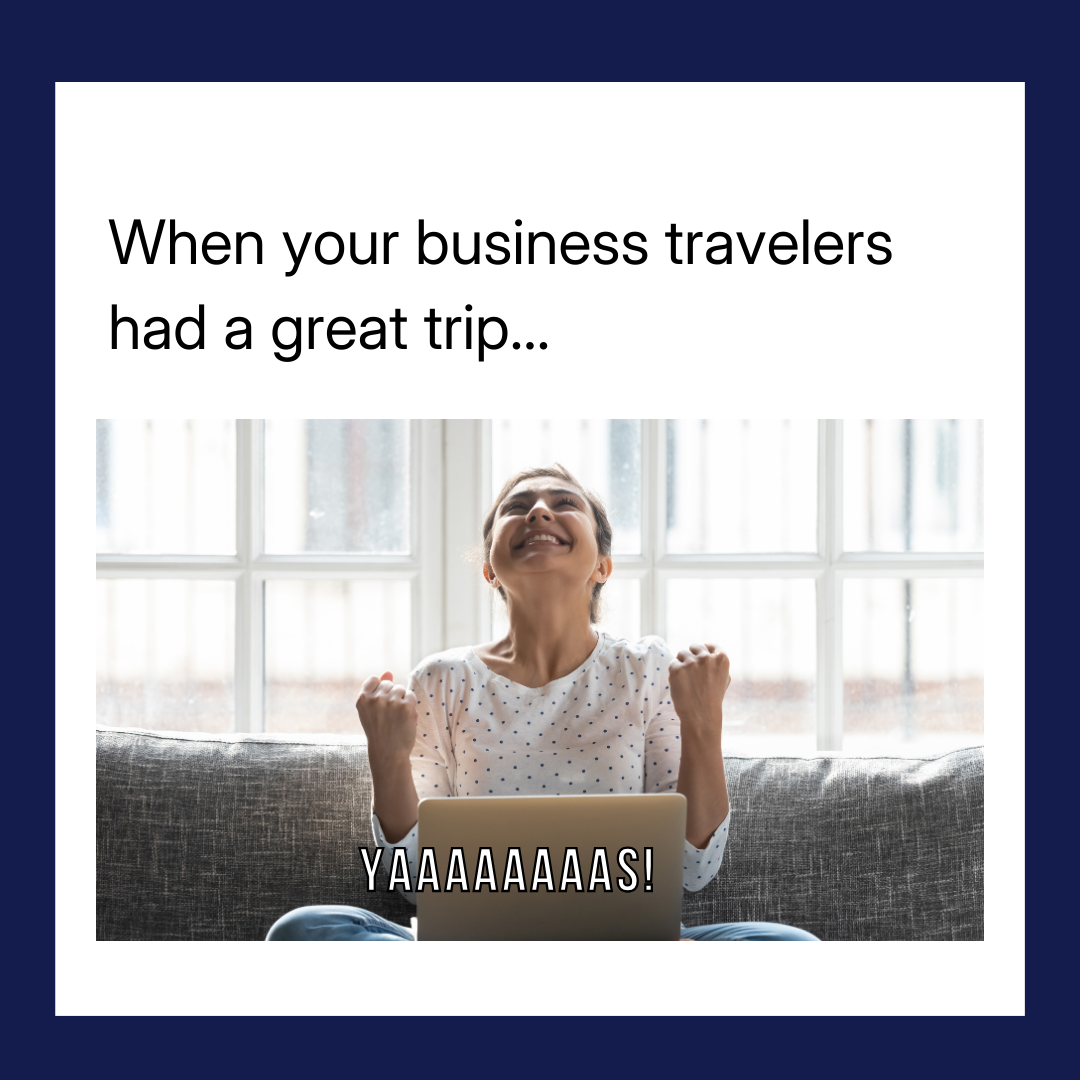 Excited woman celebrates successful business trip.