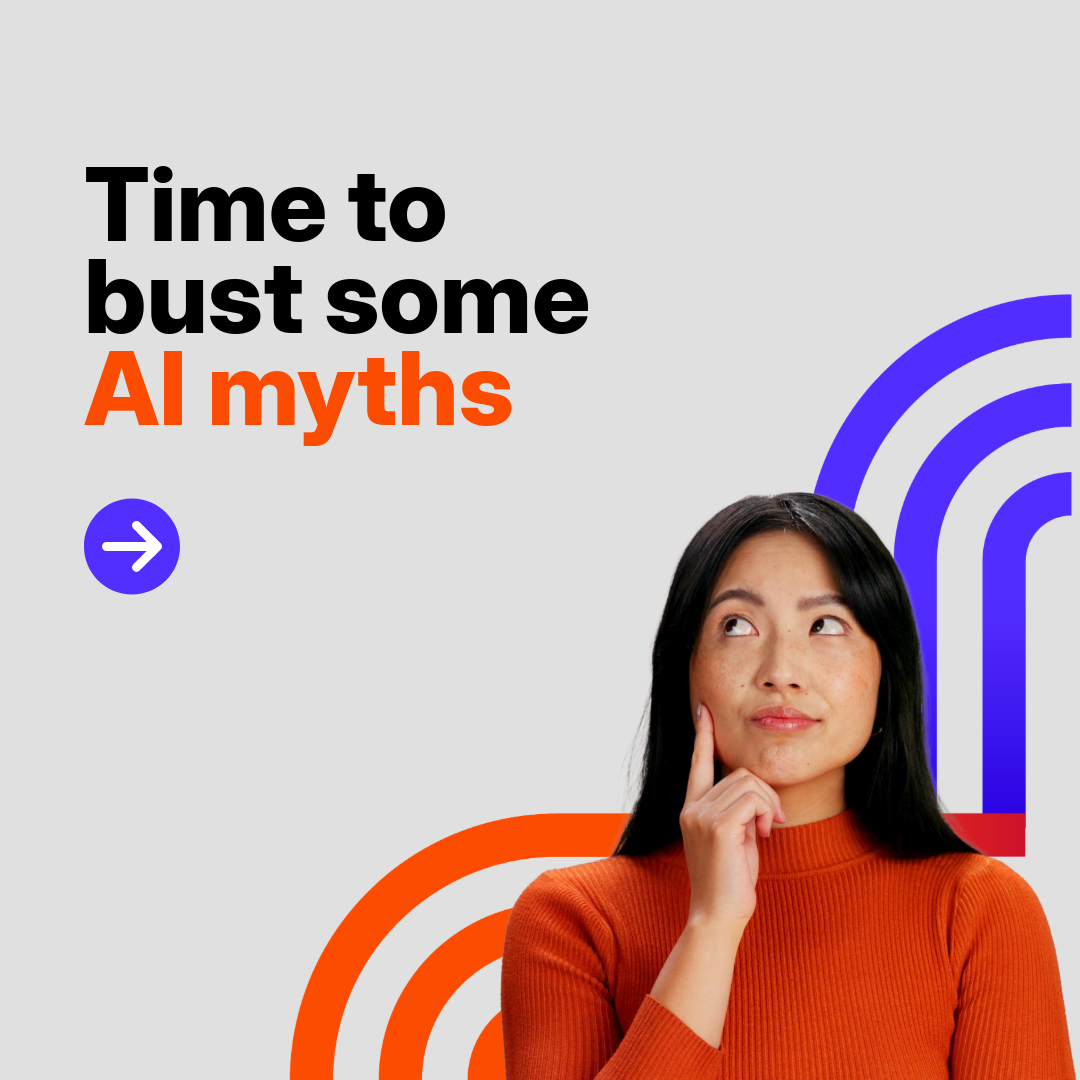 Woman thinking beside AI myths text graphic