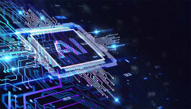 Futuristic AI microchip on glowing circuit board