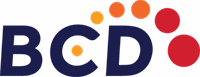BCD logo with orange and red dots