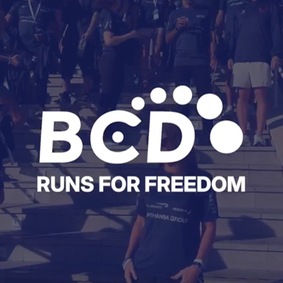 BCD event attendees on stairs, Runs for Freedom.