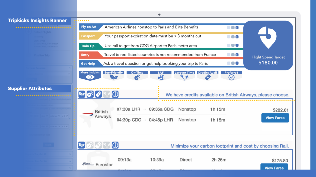 Travel booking interface with insights and flight options