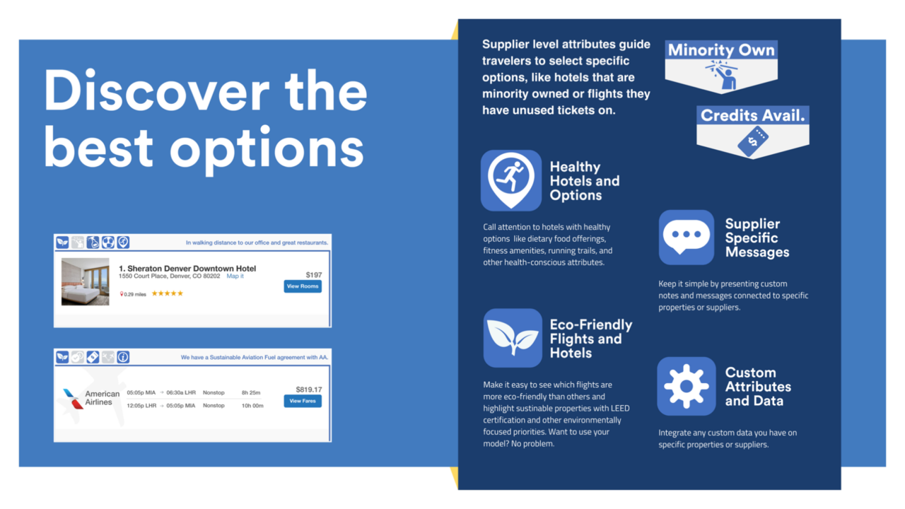 Travel booking interface highlighting sustainable and healthy options