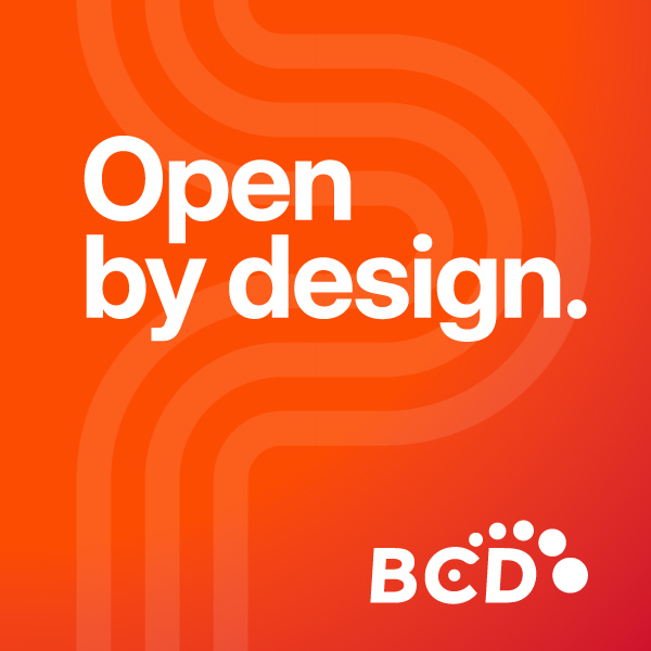 Orange design with 'Open by design' text, BCD logo.
