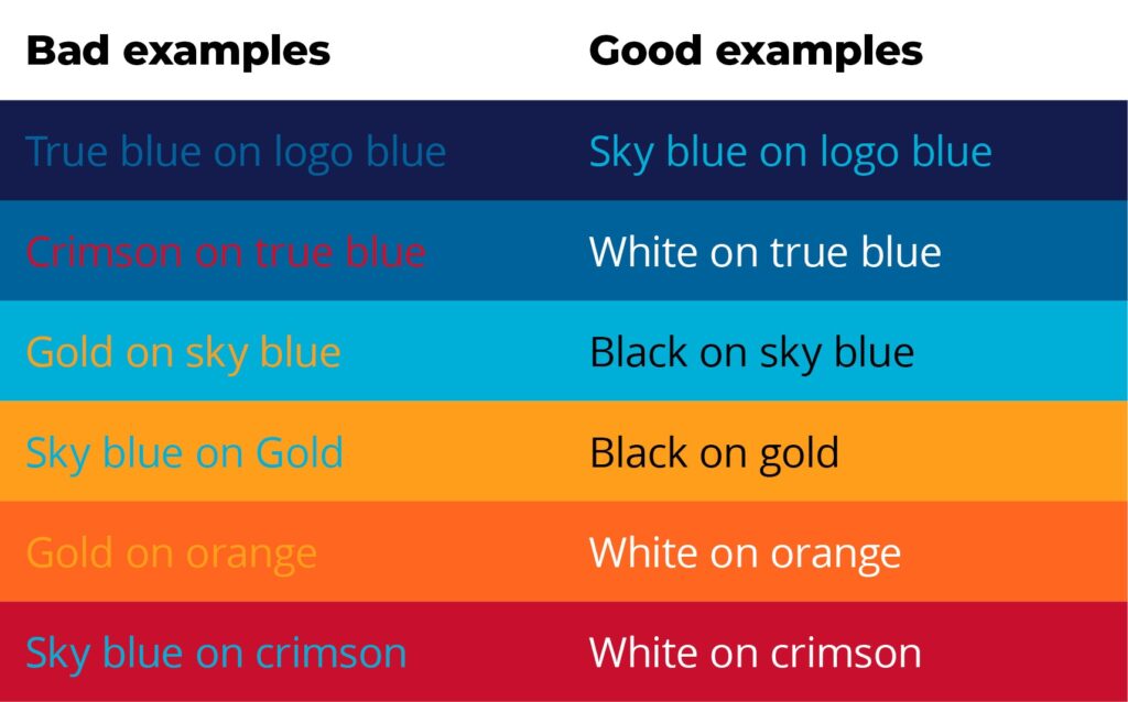 Color coded grid showing good and bad examples of color contrast