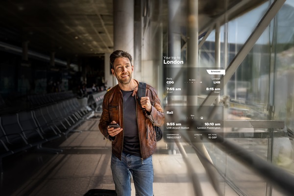 Man in airport with travel schedule display.
