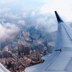 Aerial city view from airplane window