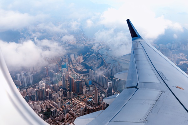 Aerial city view from airplane window