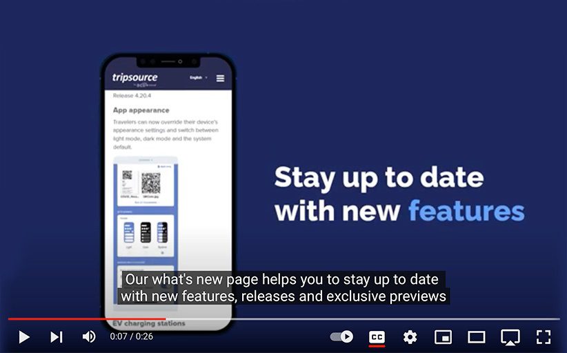 Example of video content with captions at bottom of screen. The tutorial explains the What's New feature in BCD' TripSource solution.