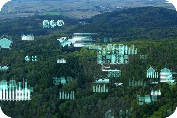Digital data overlays on a forest landscape