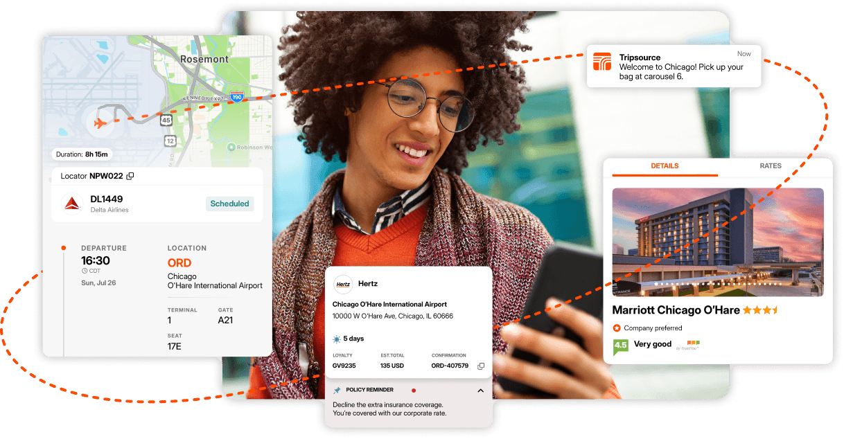 Woman viewing travel details on smartphone app