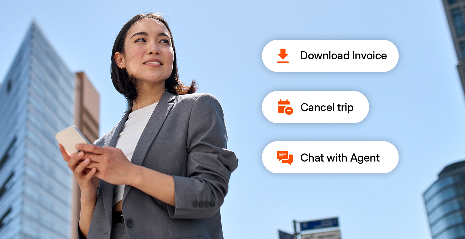 Businesswoman using smartphone with travel app options